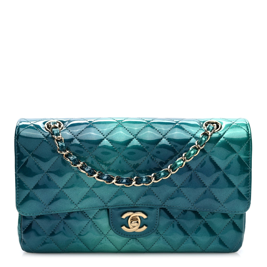 Shaded Patent Calfskin Quilted Medium Double Flap Green Blue