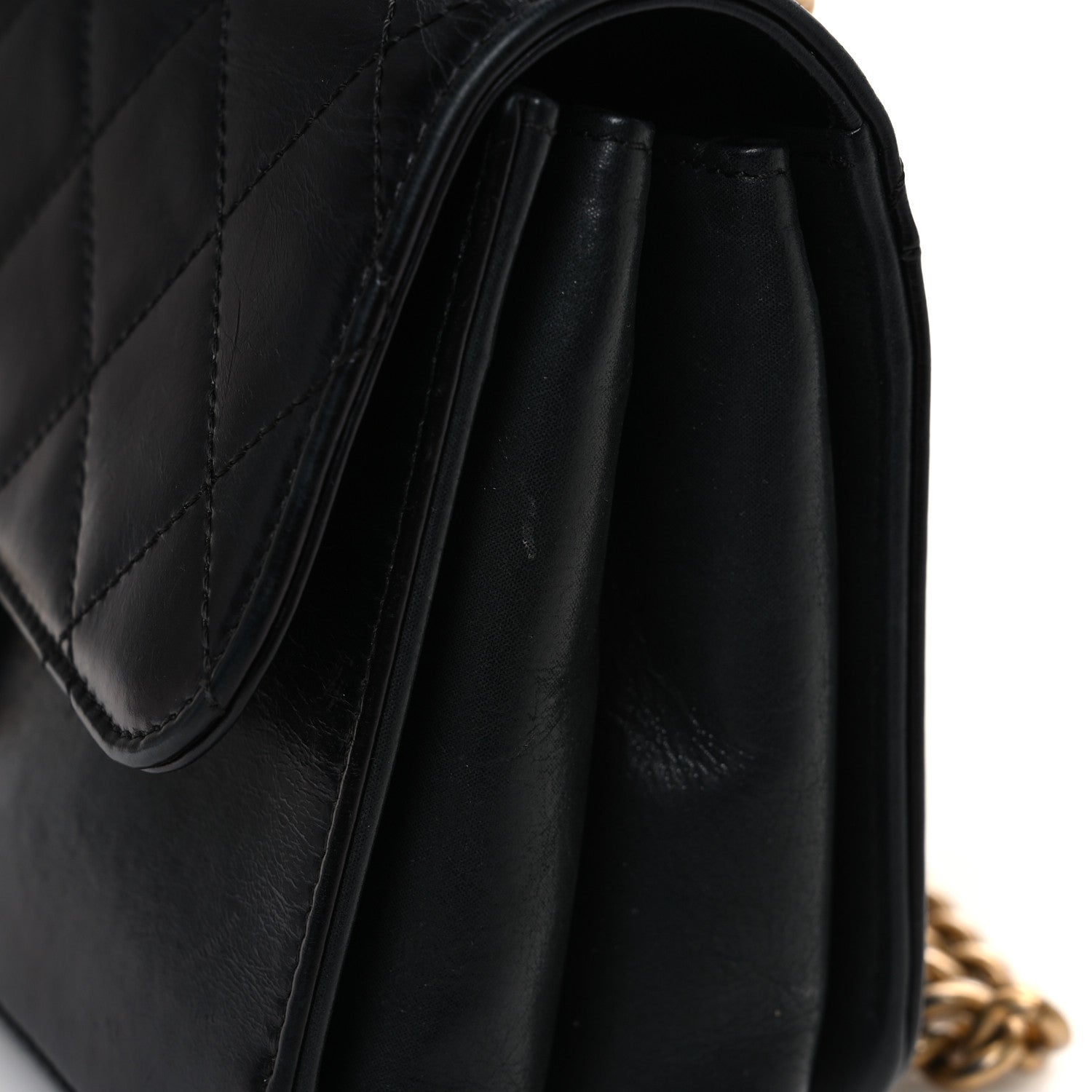 Glazed Calfskin Quilted Small Straight Lined Flap Black