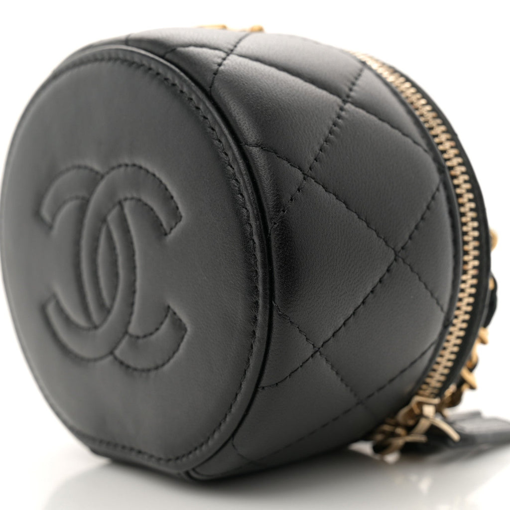Lambskin Pearl Crystal Quilted Pearly Girl Top Handle Round Vanity Case With Chain Black