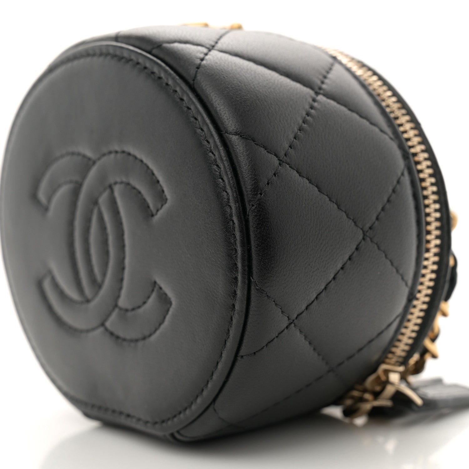 Lambskin Pearl Crystal Quilted Pearly Girl Top Handle Round Vanity Case With Chain Black