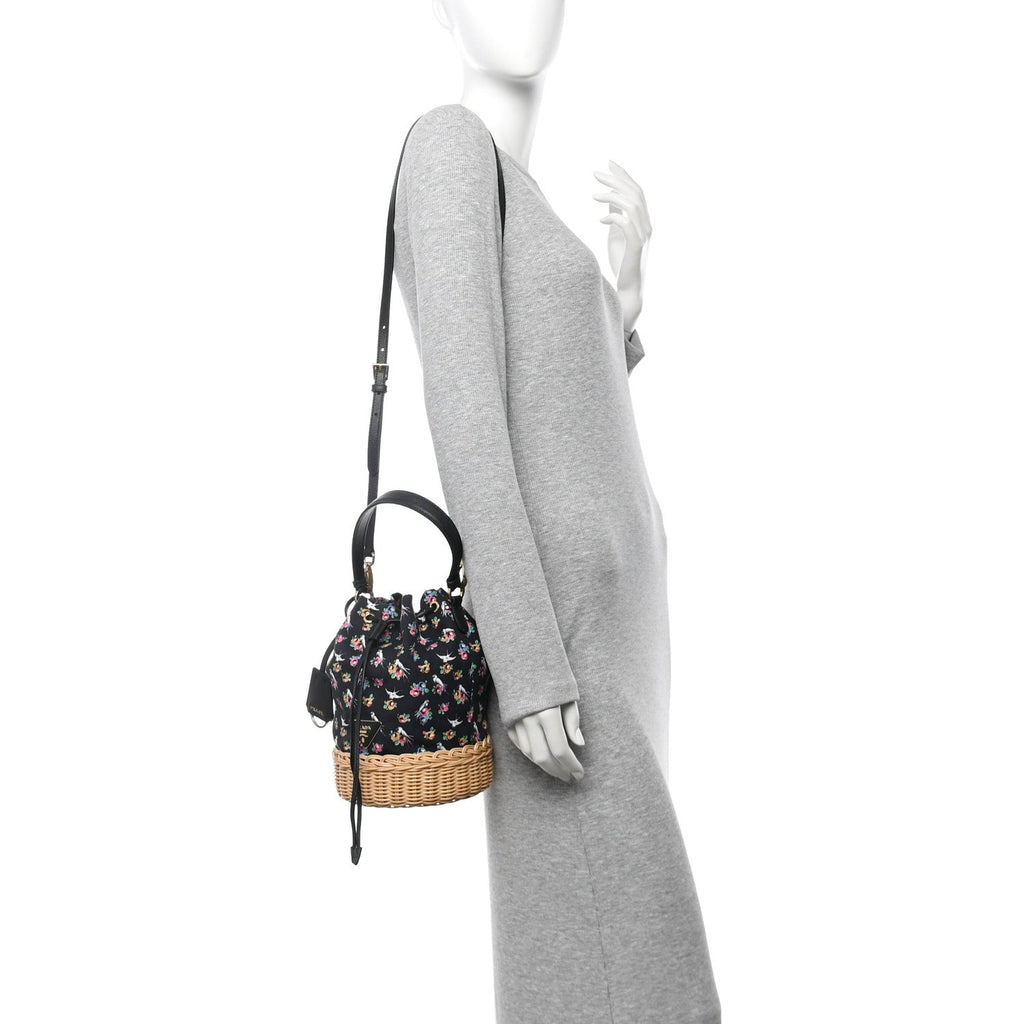 Wicker Canvas Floral Print Bucket Bag Black Multicolor