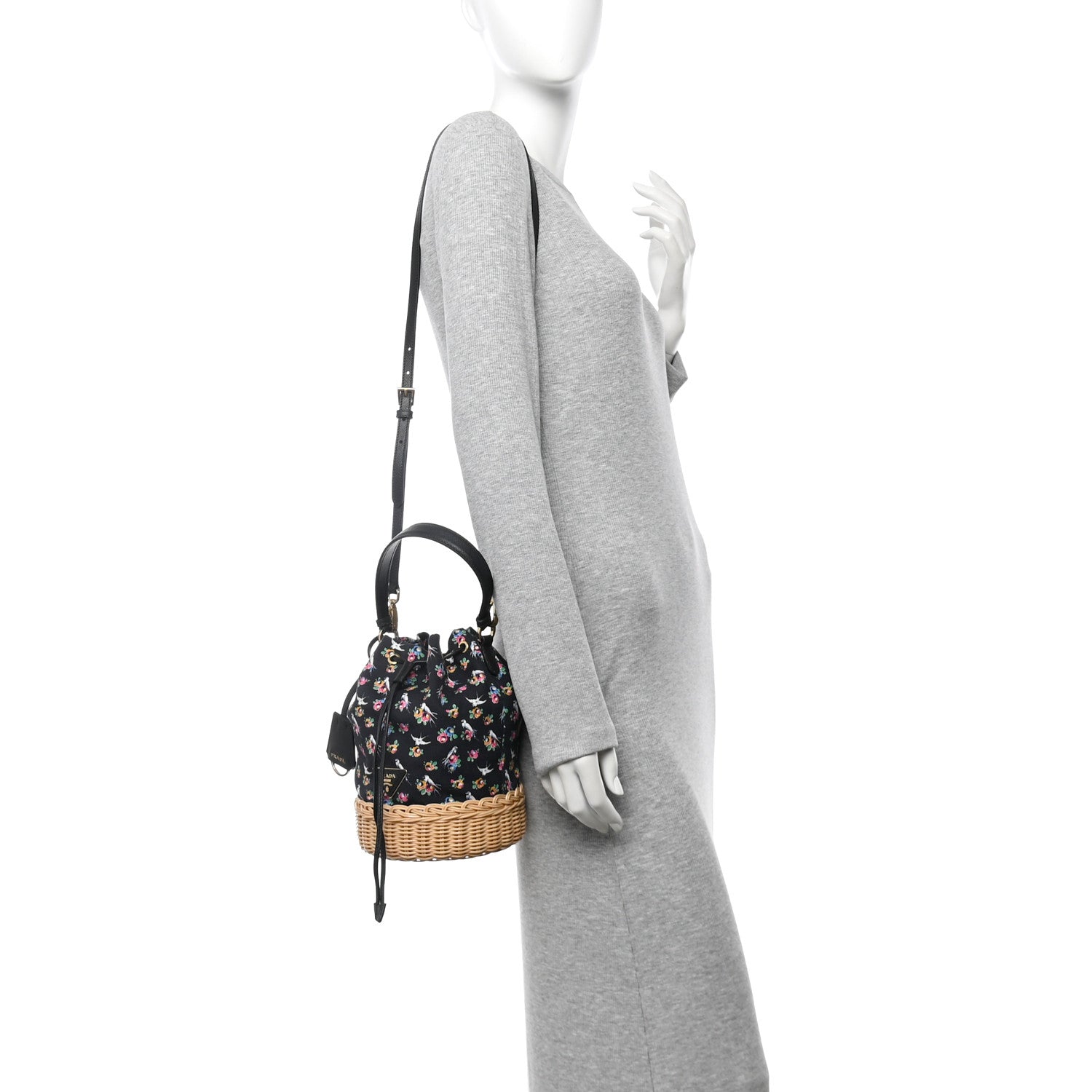 Wicker Canvas Floral Print Bucket Bag Black Multicolor