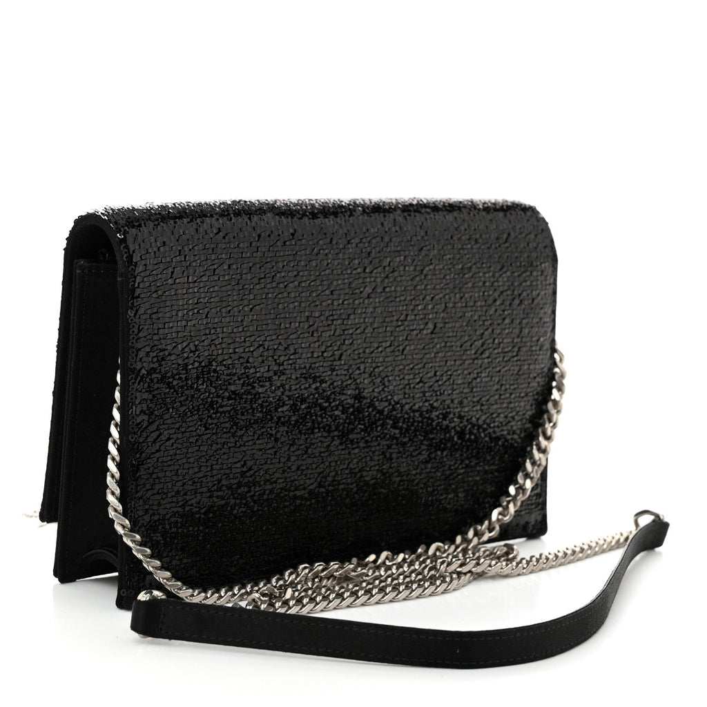 Satin Sequins Classic Monogram Kate Tassel Chain Wallet Black