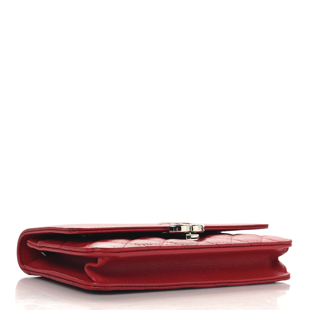Grained Calfskin Quilted CC Box Wallet On Chain WOC Red