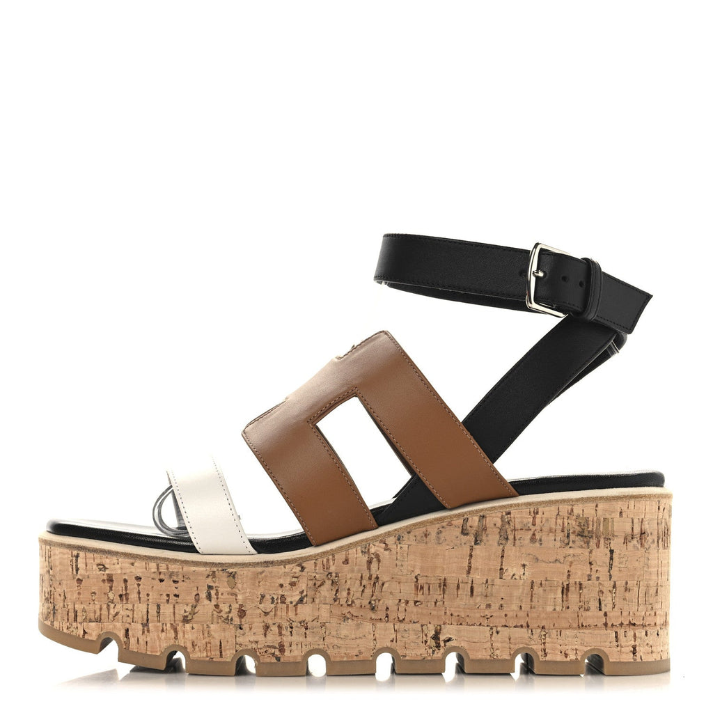 Calfskin Cork Havane 30 Wedge Sandals 38 Black Gold White