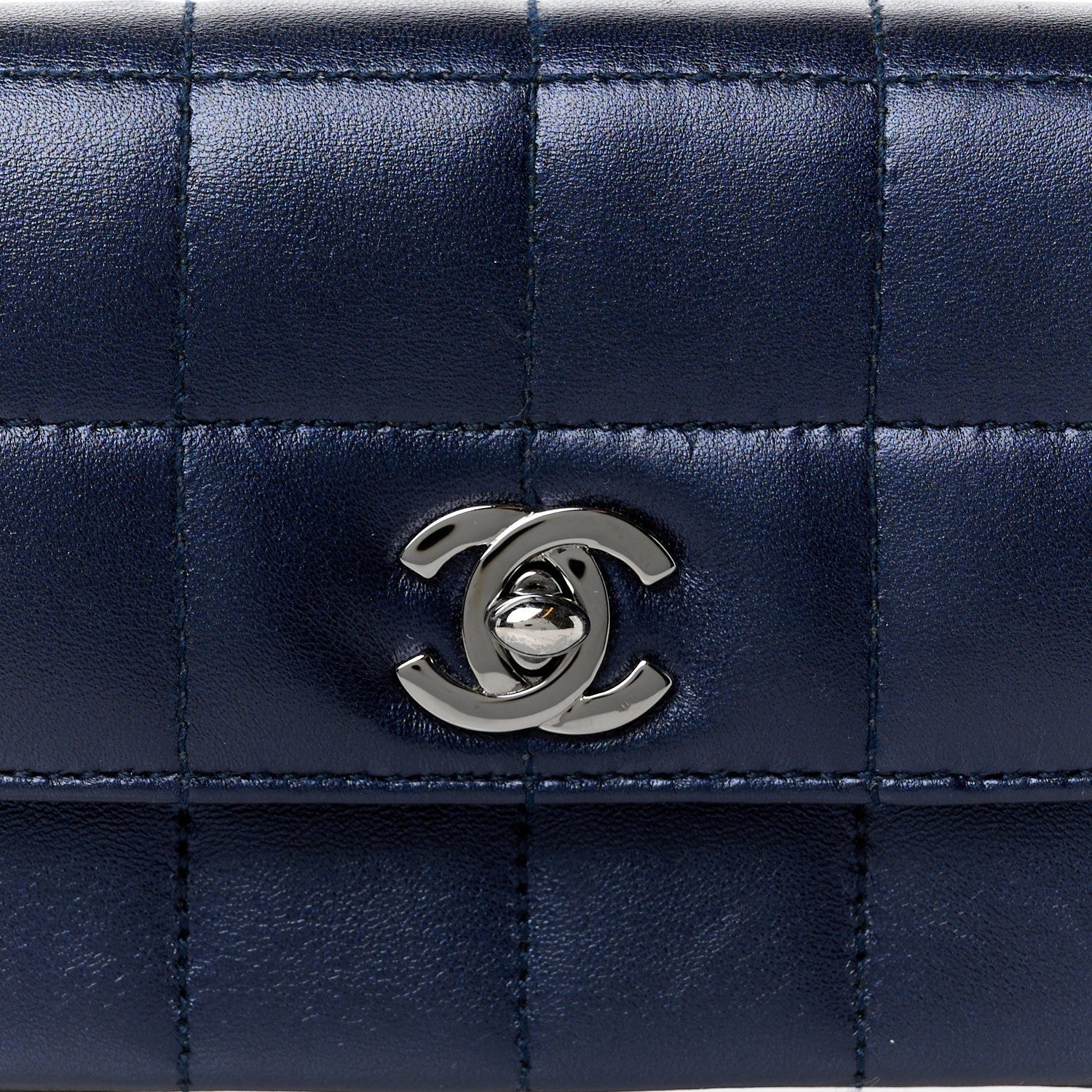 Lambskin Chocolate Bar Quilted 3 Chain Flap Navy Blue