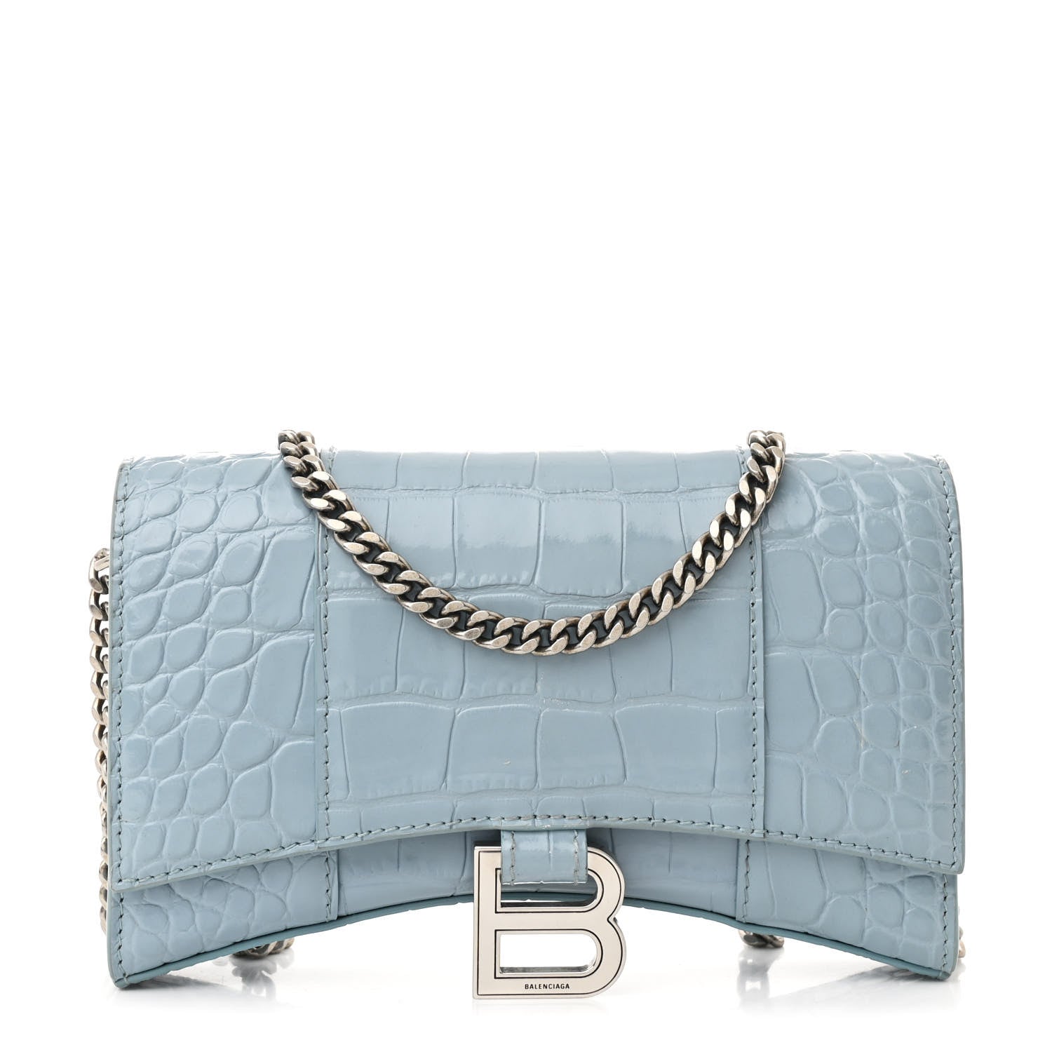Shiny Calfskin Crocodile Embossed Hourglass Chain Bag Blue Grey