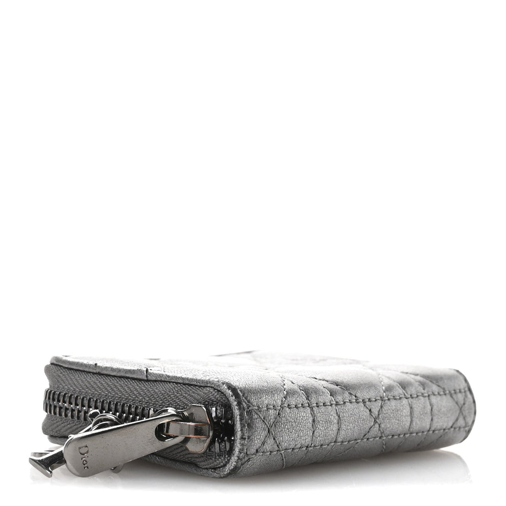 Metallic Calfskin Cannage Compact Zip  Wallet Silver