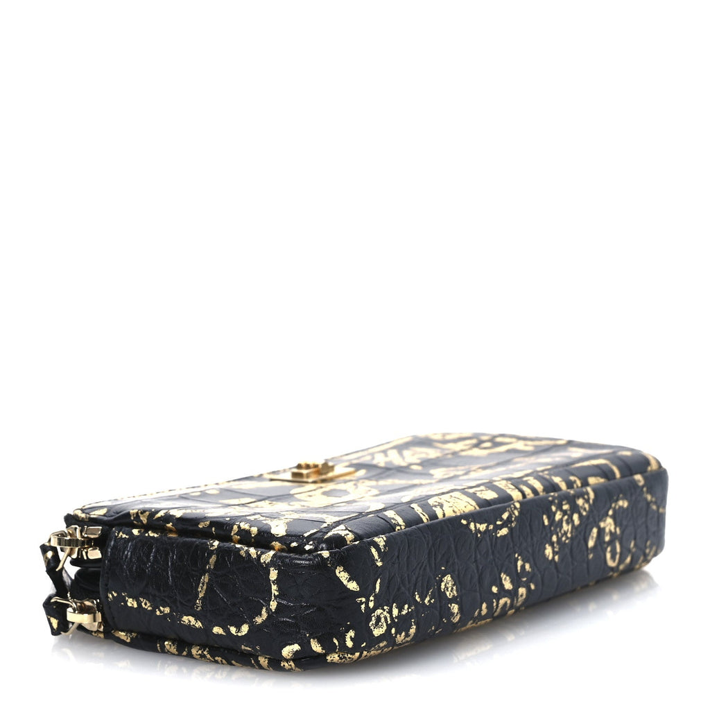 Calfskin Crocodile Embossed Graffiti 2.55 Cocodile Reissue Clutch With Chain Black Gold