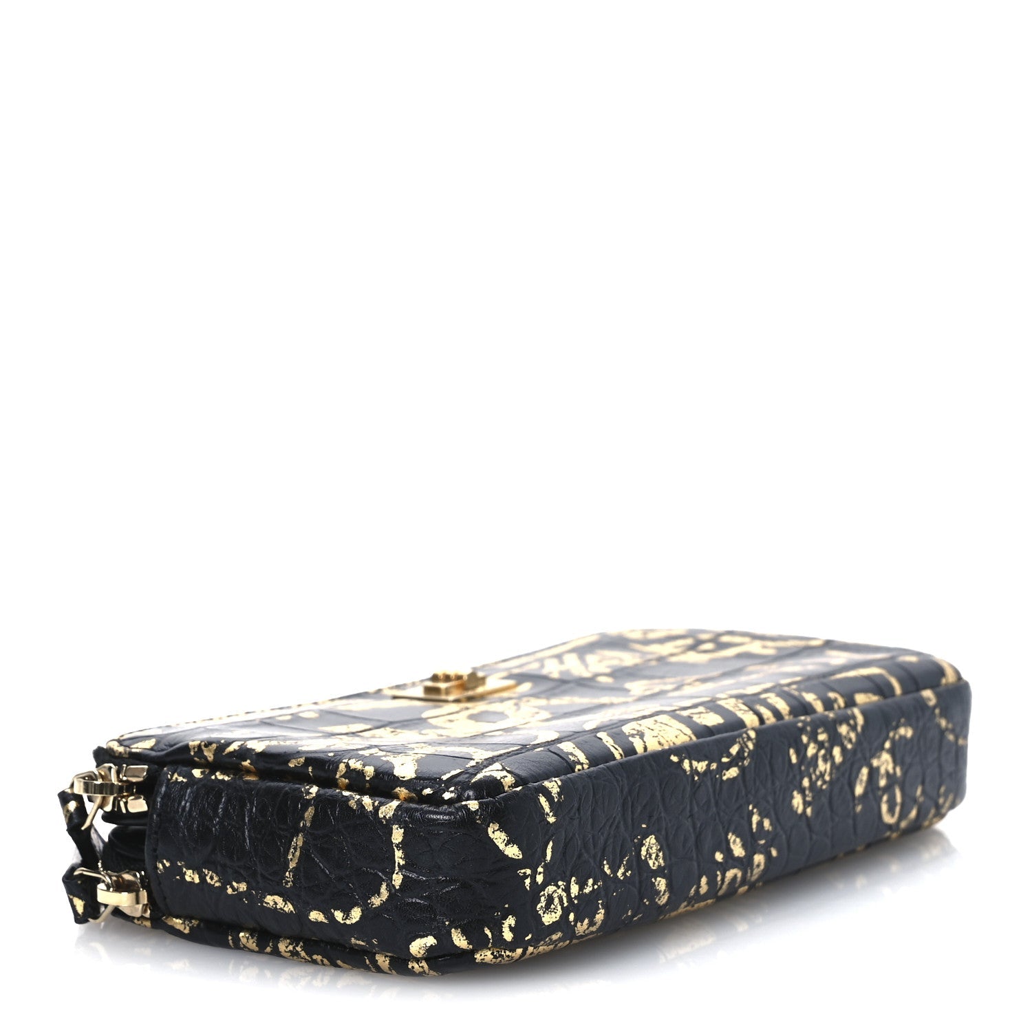 Calfskin Crocodile Embossed Graffiti 2.55 Cocodile Reissue Clutch With Chain Black Gold