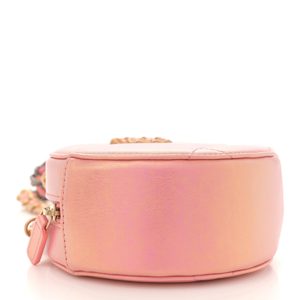 Iridescent Calfskin Quilted Chanel 19 Round Clutch With Chain Pink