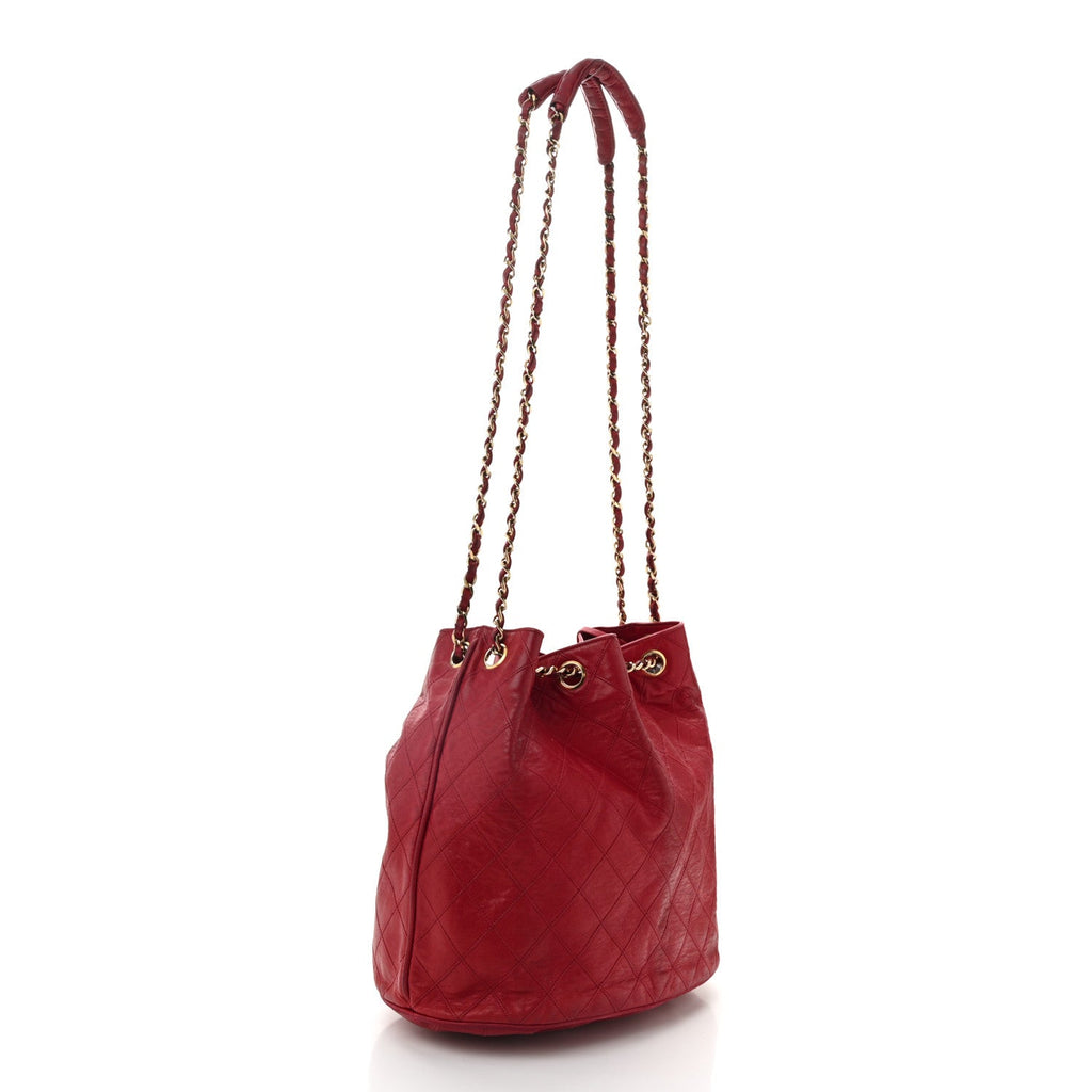 Lambskin Diamond Stitched CC Drawstring Shoulder Bag Red