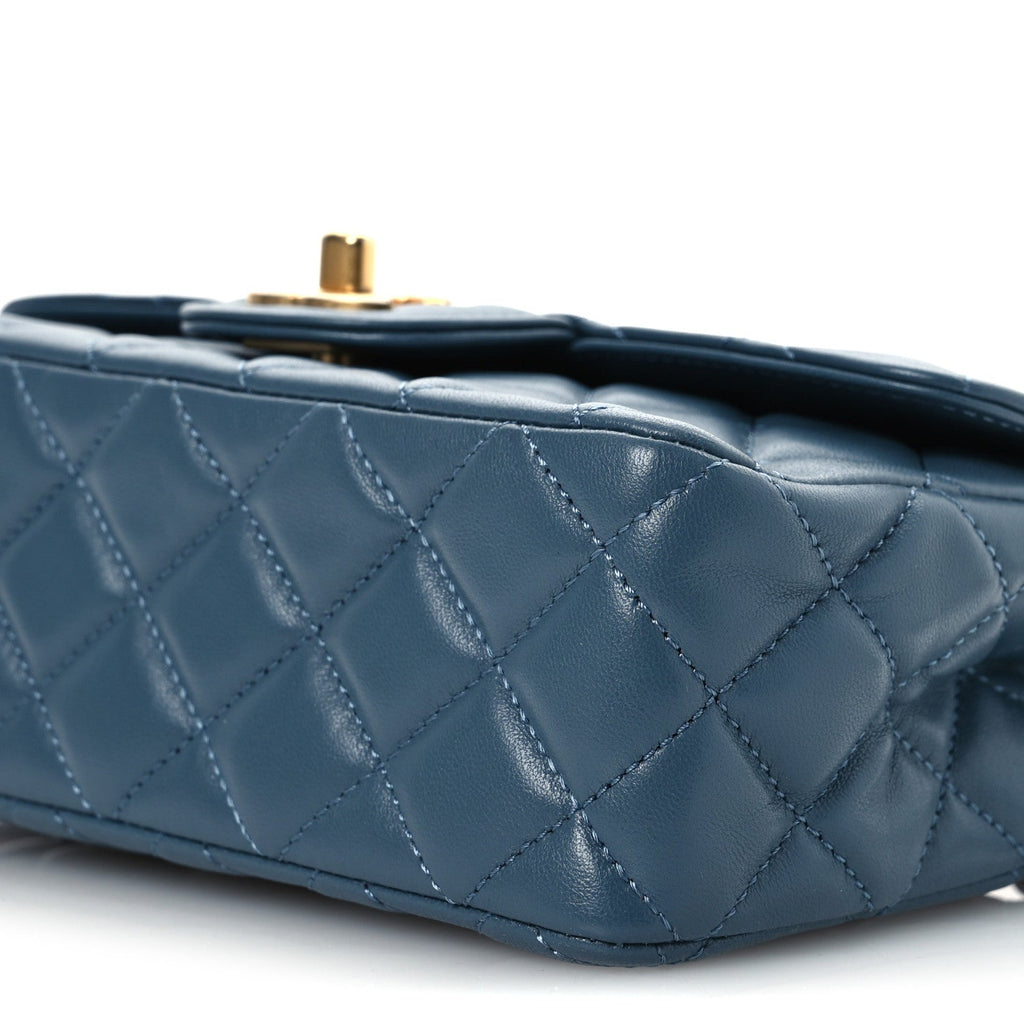 Lambskin Quilted Mini Metal Top Handle Rectangular Flap Blue