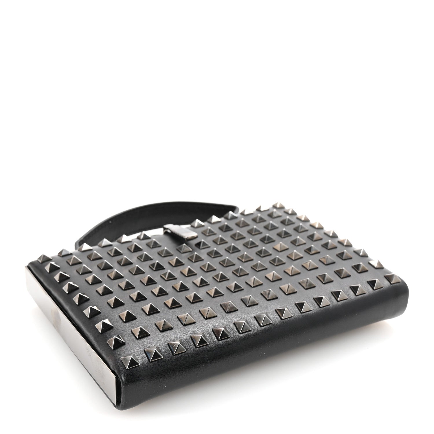 Vitello Monochrome Rockstud Allover Top Handle Clutch Black