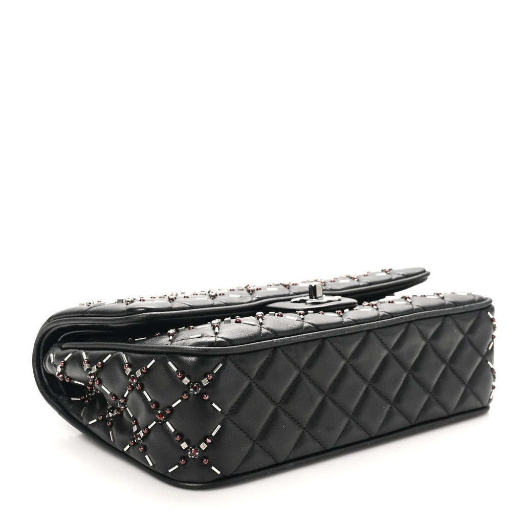 Lambskin Quilted Beaded Medium Double Flap Black
