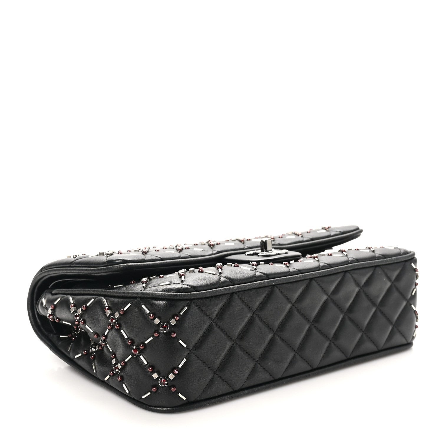 Lambskin Quilted Beaded Medium Double Flap Black
