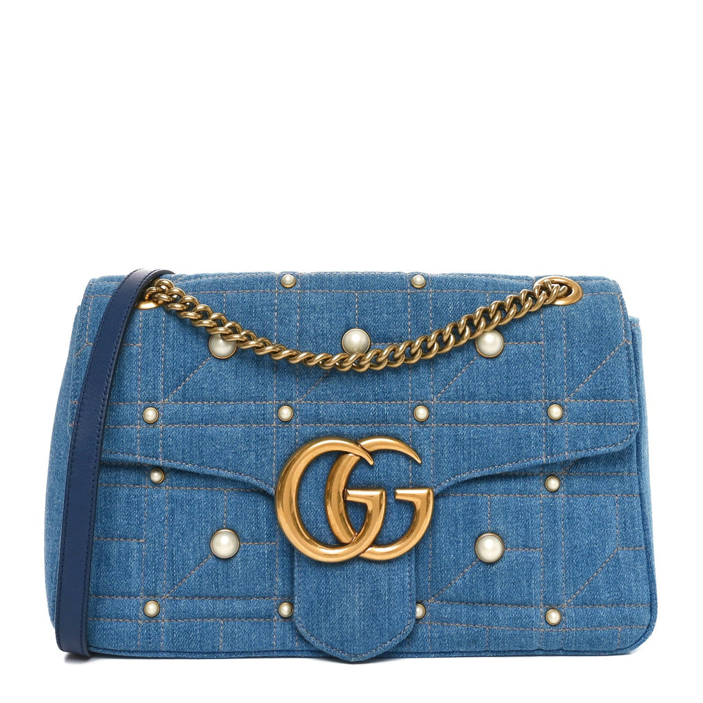 Kura Denim Matelasse Cubic Pearl Studded Medium GG Marmont Shoulder Bag Blue