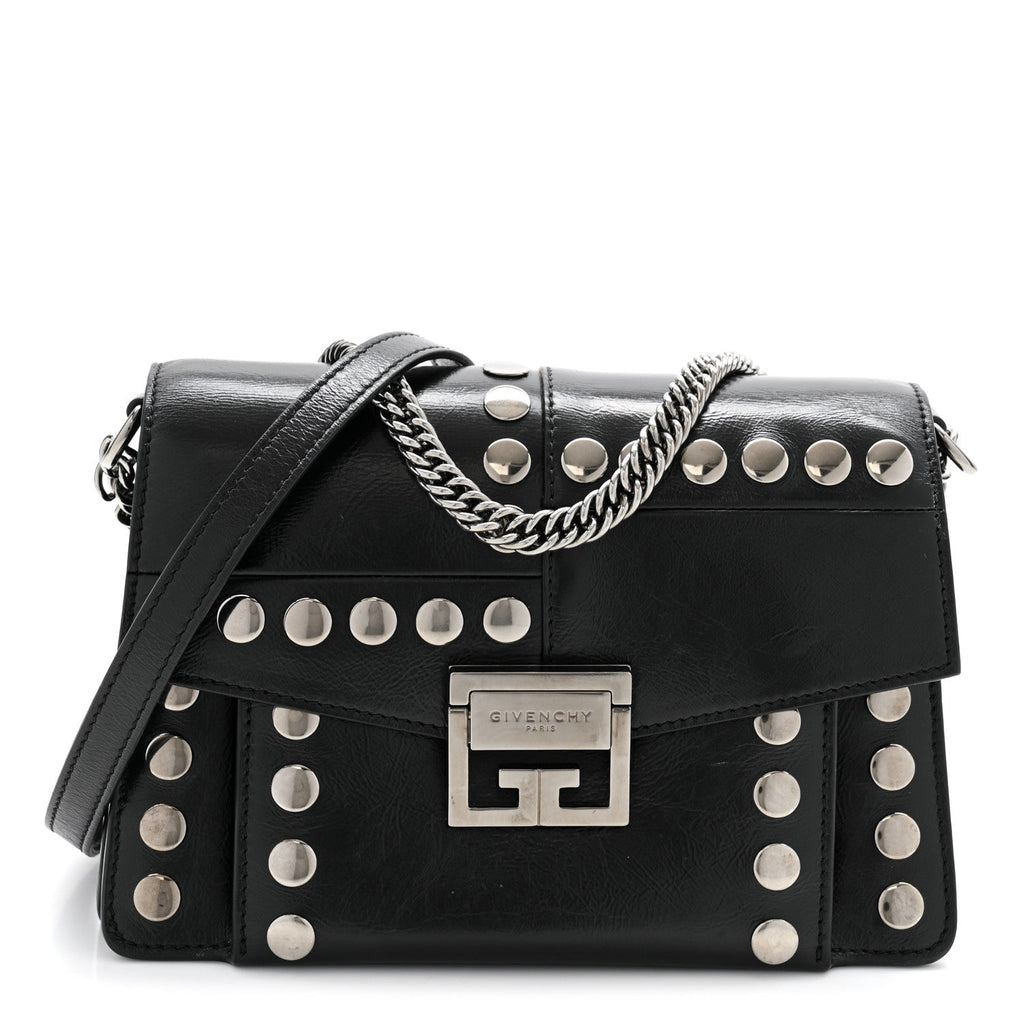 Studded Crinkled Patent Goatskin Small GV3 Shoulder Bag Black