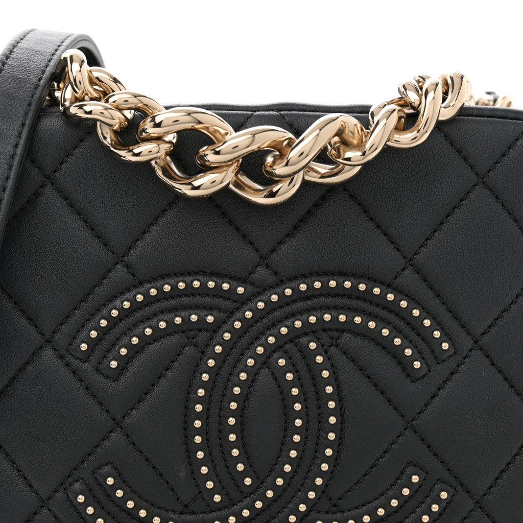Lambskin Quilted Studded Quilted Vanity Case With Chain Black