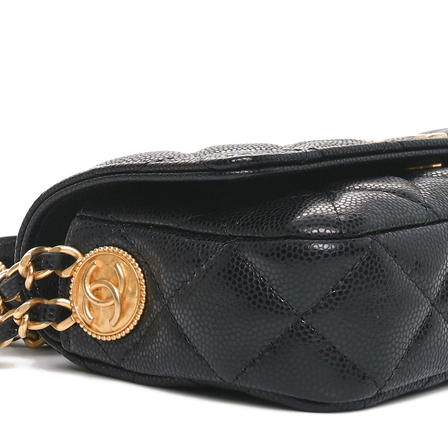 Caviar Quilted Yours Buttons Phone Holder With Chain Black