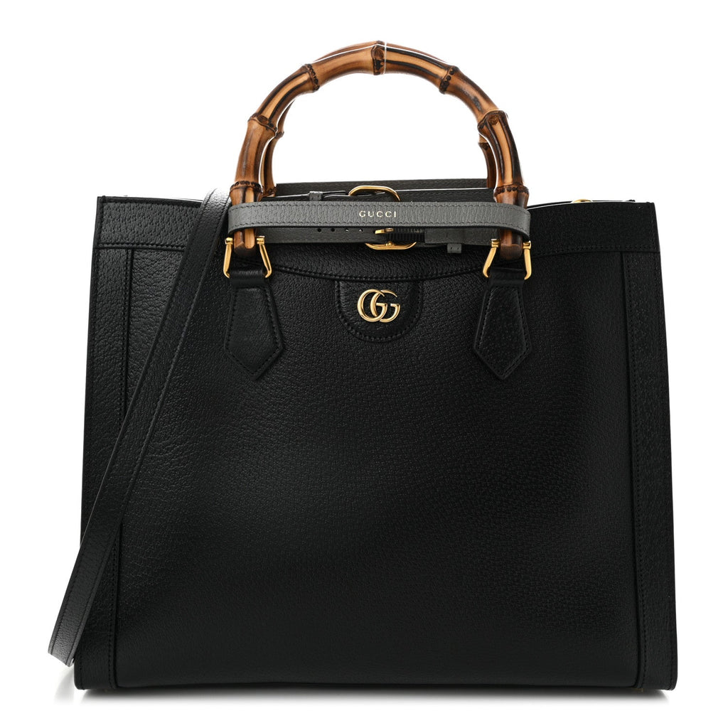 Textured Dollar Calfskin Web Medium Diana Tote Bag Black Dusty Grey