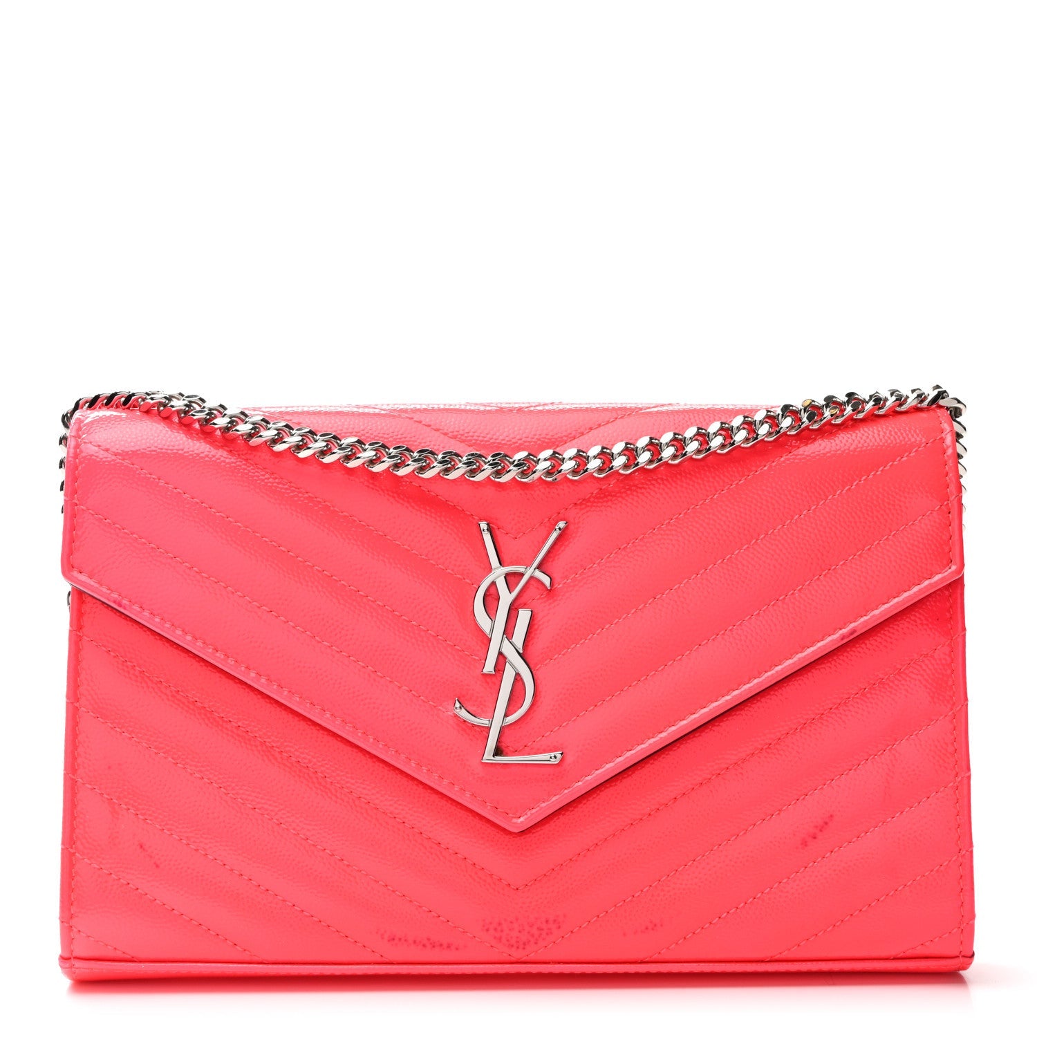Patent Grain De Poudre Matelasse Chevron Monogram Chain Wallet Neon Pink