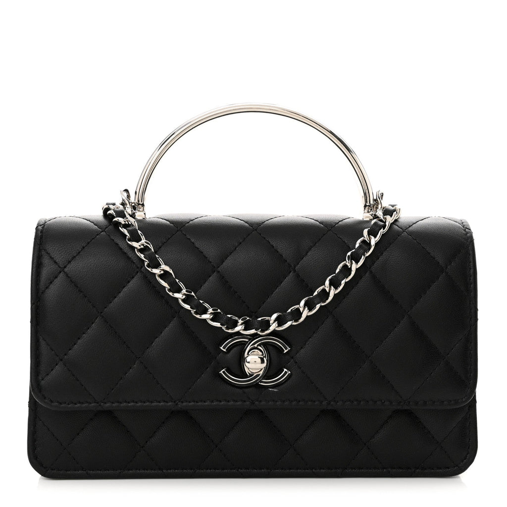 Lambskin Quilted Metal Top Handle Crossbody Flap Black