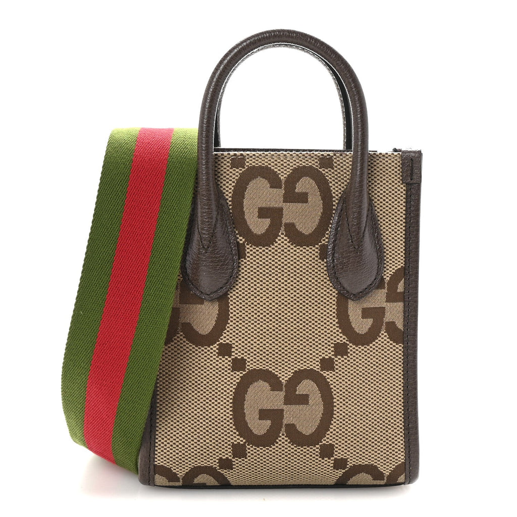 Monogram Jumbo GG Textured Dollar Calfskin Web Mini Vertical Tote Camel Ebony New Acero