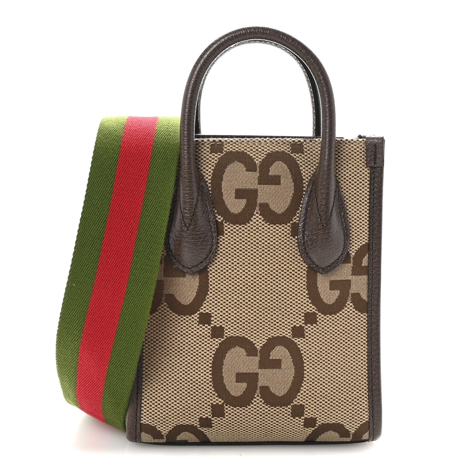 Monogram Jumbo GG Textured Dollar Calfskin Web Mini Vertical Tote Camel Ebony New Acero