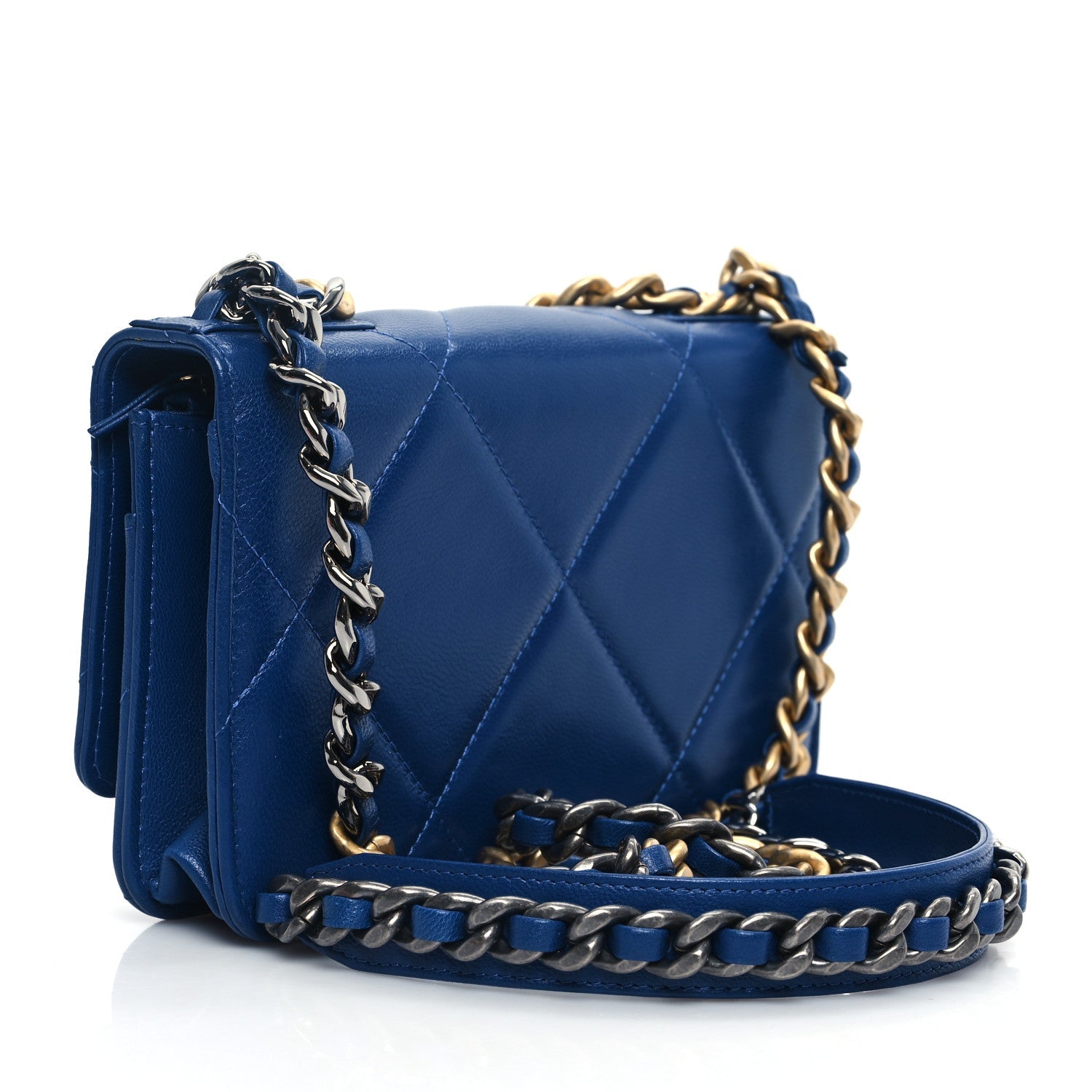 Shiny Goatskin Quilted Chanel 19 Wallet On Chain WOC  Blue