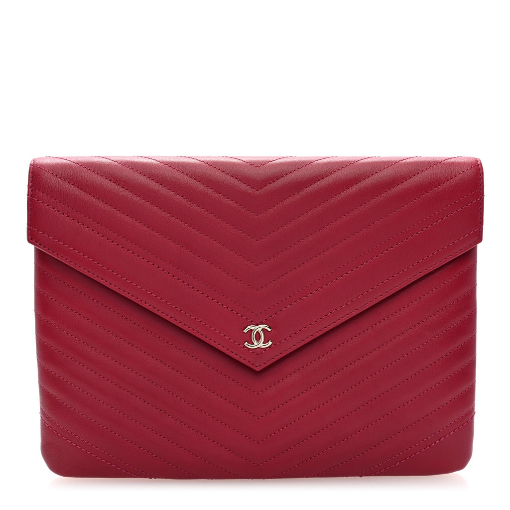 Calfskin Chevron Quilted Small Envelope Clutch Dark Pink