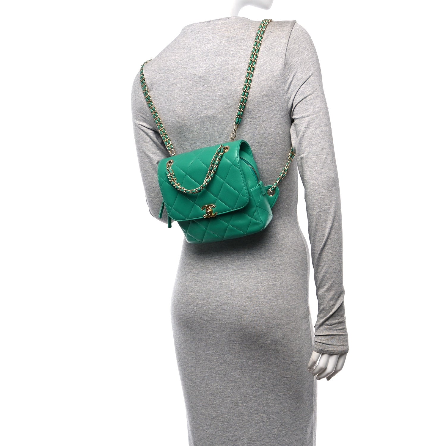 Lambskin Quilted Chain CC Backpack Green