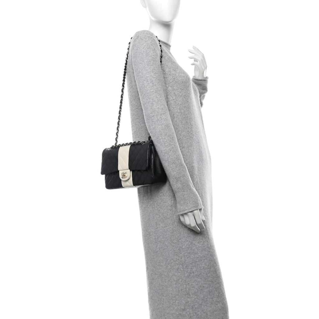 Lambskin Quilted Medium Double Flap Black White