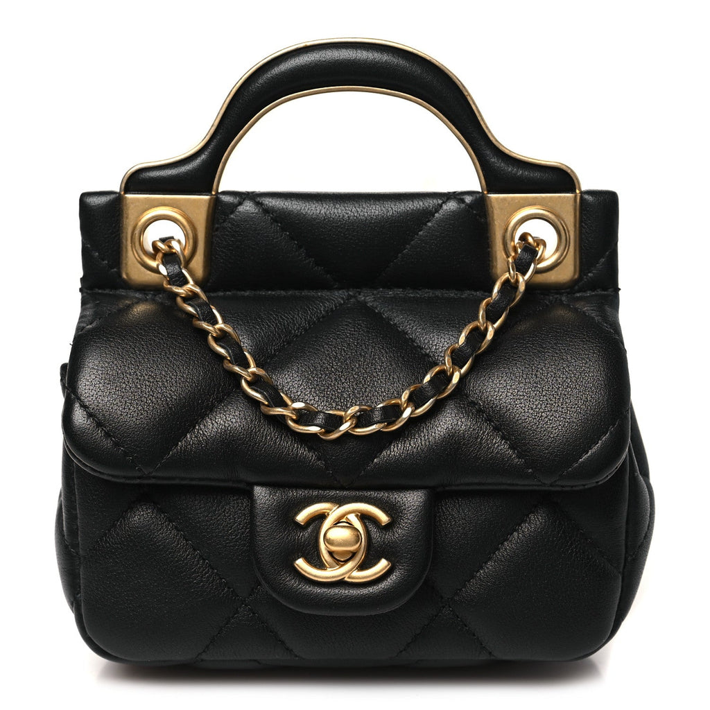 Calfskin Quilted Lady Handle Clutch With Chain Black