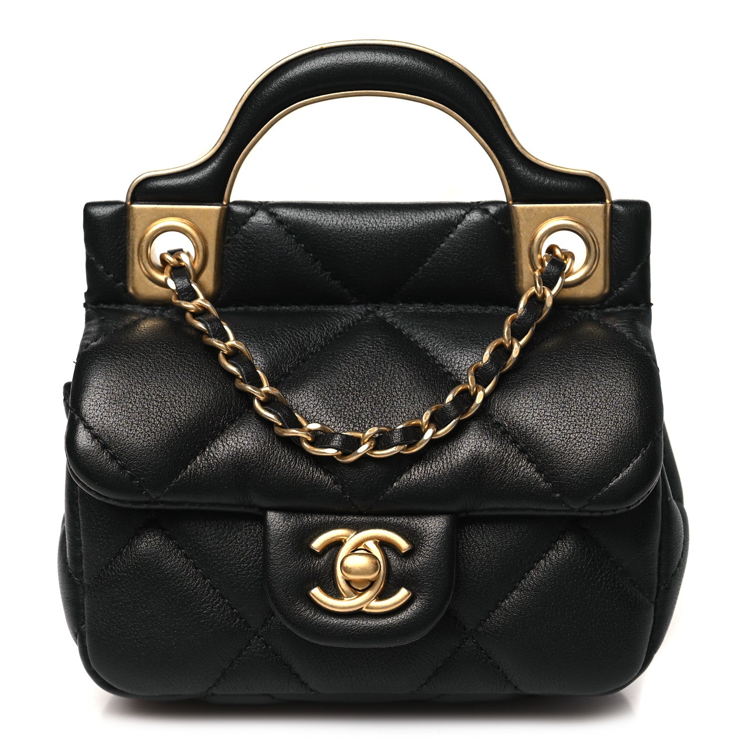 Calfskin Quilted Lady Handle Clutch With Chain Black