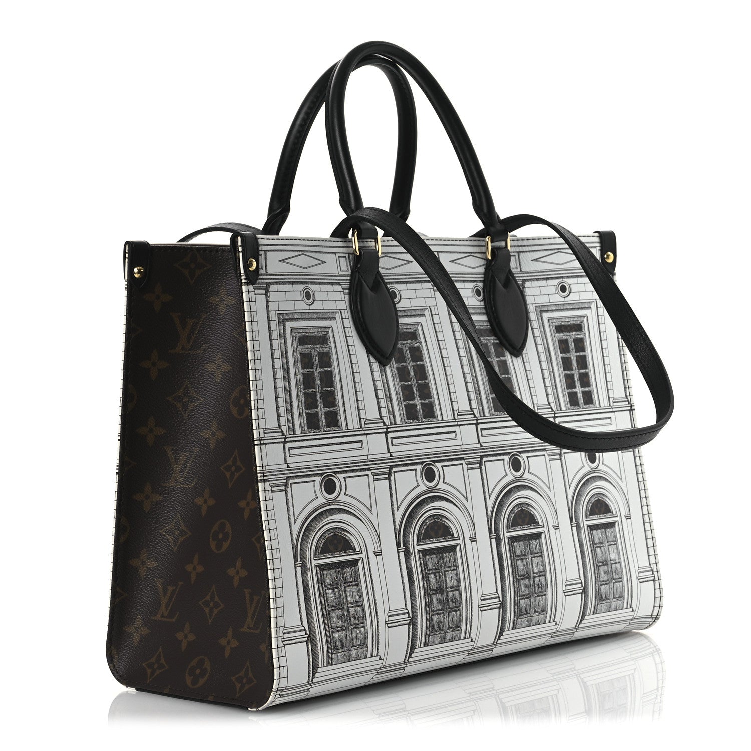 X FORNASETTI Calfskin Architettura Onthego MM Black White