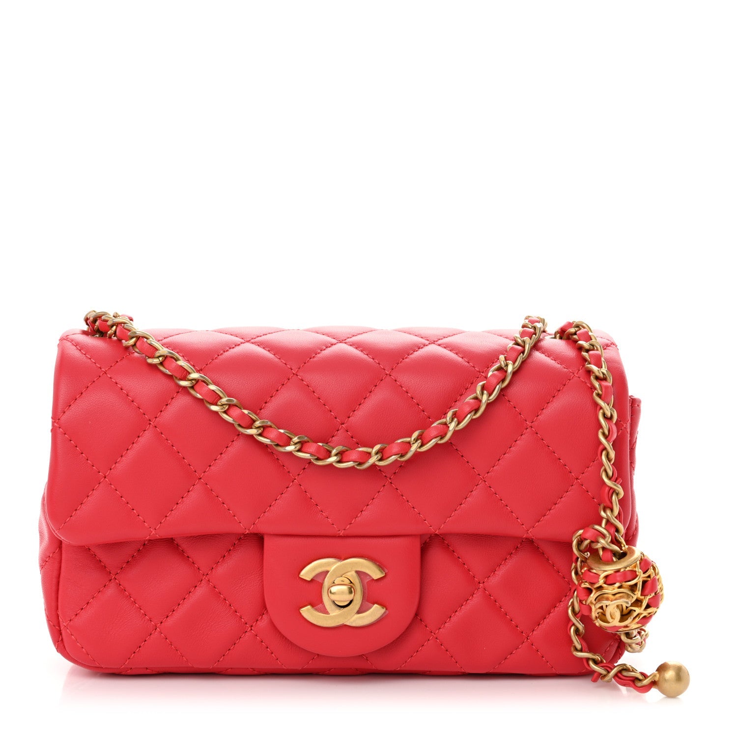 Lambskin Quilted Mini Rectangular Pearl Crush Flap Red
