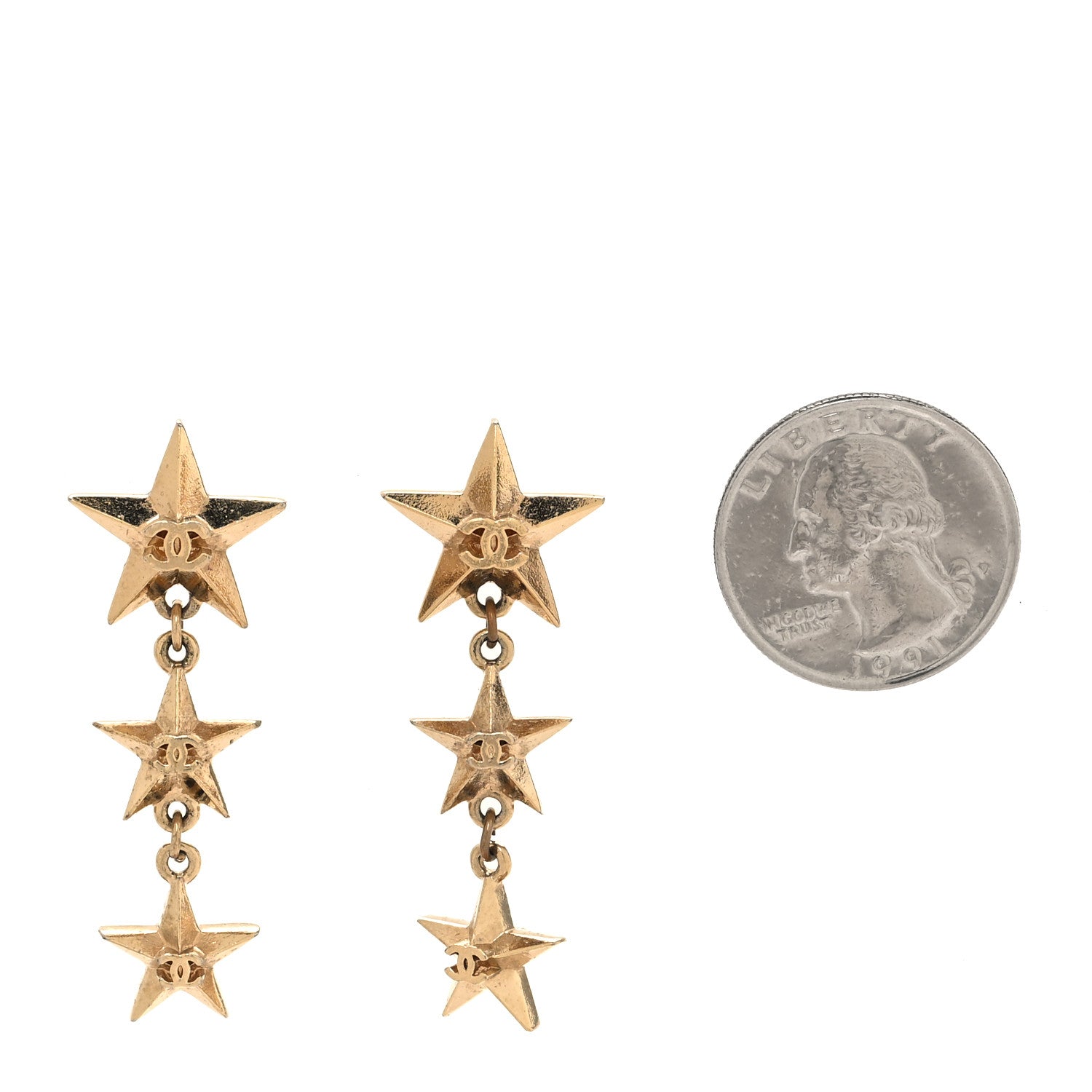 Metal CC Triple Star Drop Earrings Gold