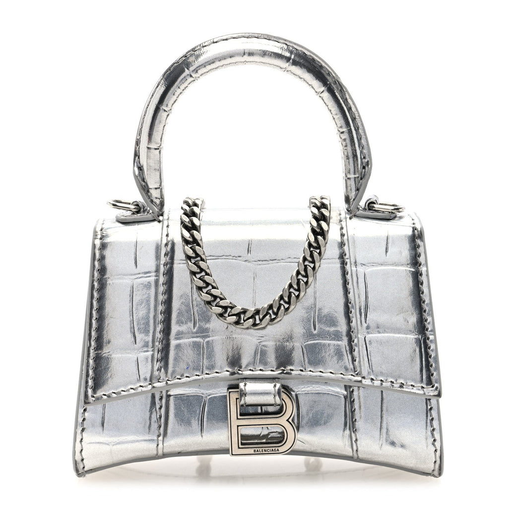 Metallic Calfskin Crocodile Embossed Hourglass Top Handle Bag Mini with Chain Silver