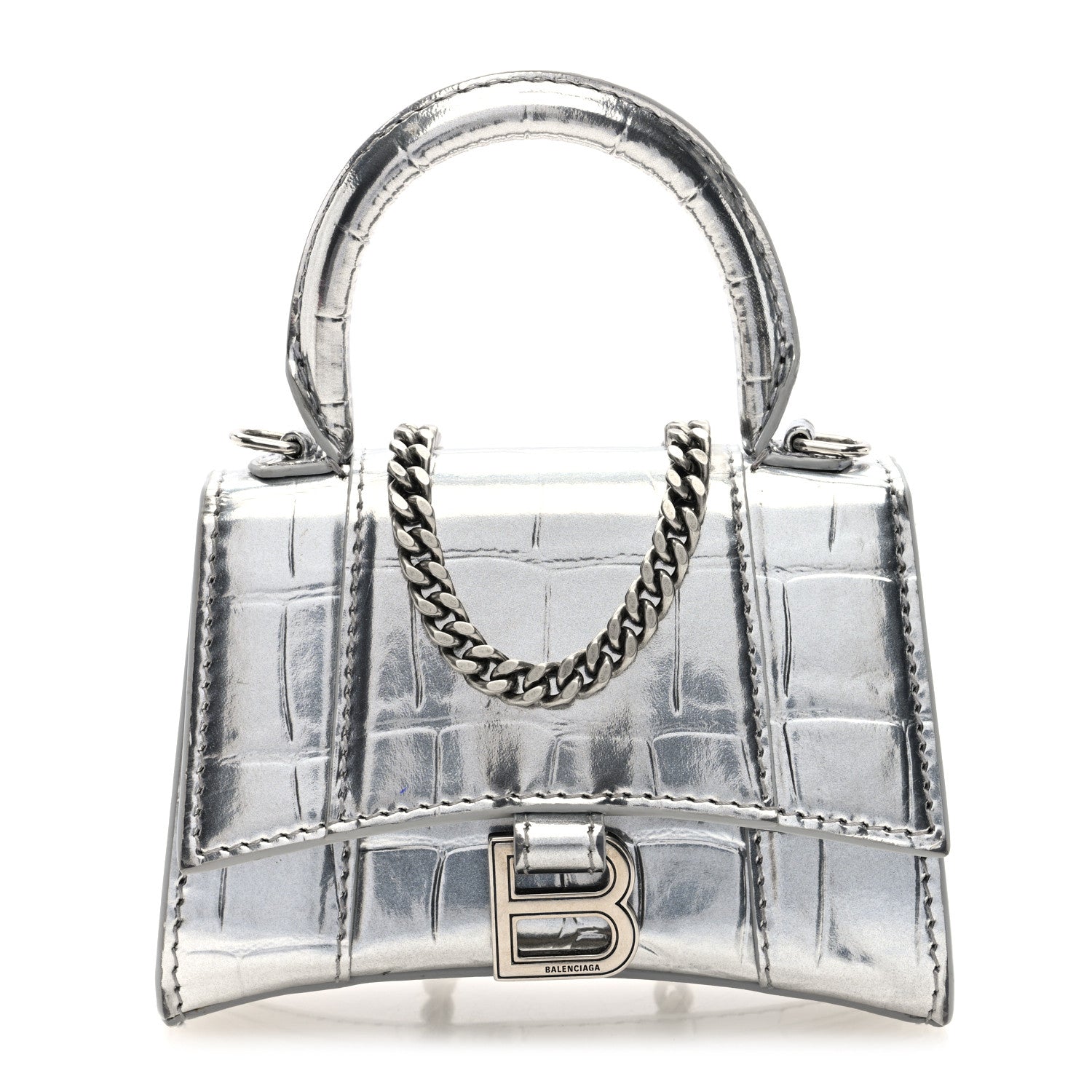 Metallic Calfskin Crocodile Embossed Hourglass Top Handle Bag Mini with Chain Silver