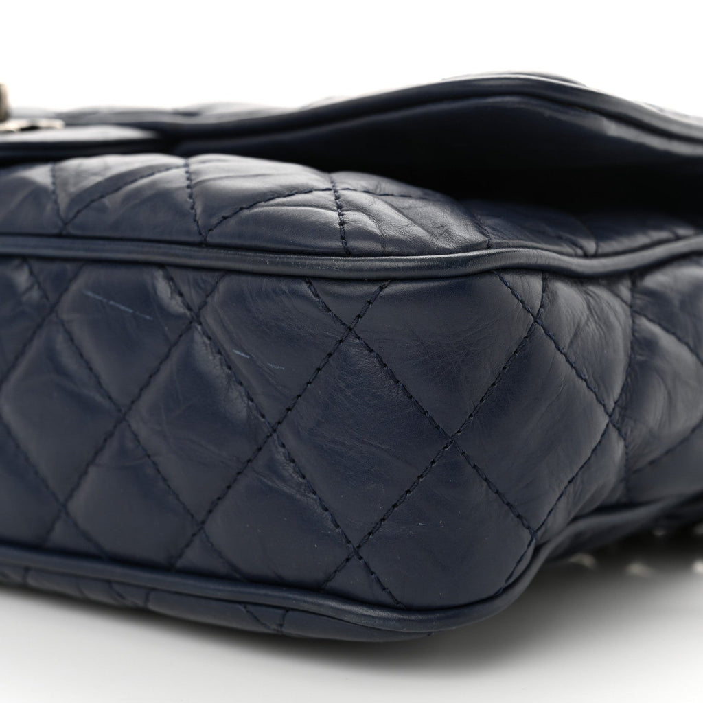 Crumpled Calfskin Quilted Medium Casual Rock Flap Navy