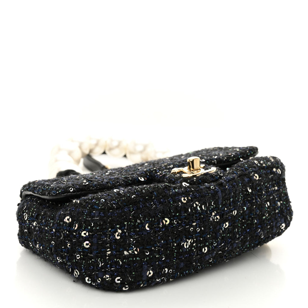 Tweed Mini Pearl Handle Flap Black Ecru