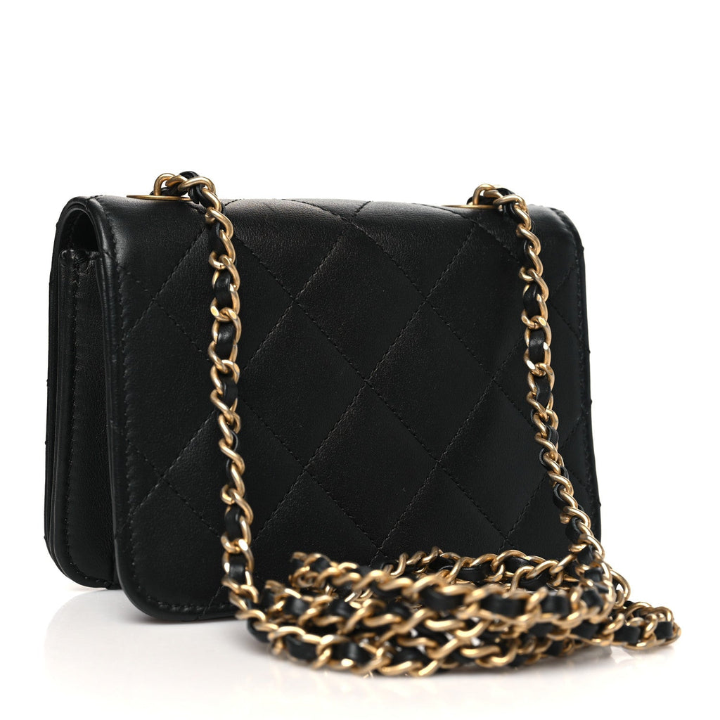 Calfskin Quilted Crystal Pearl Mini Flap Bag Black