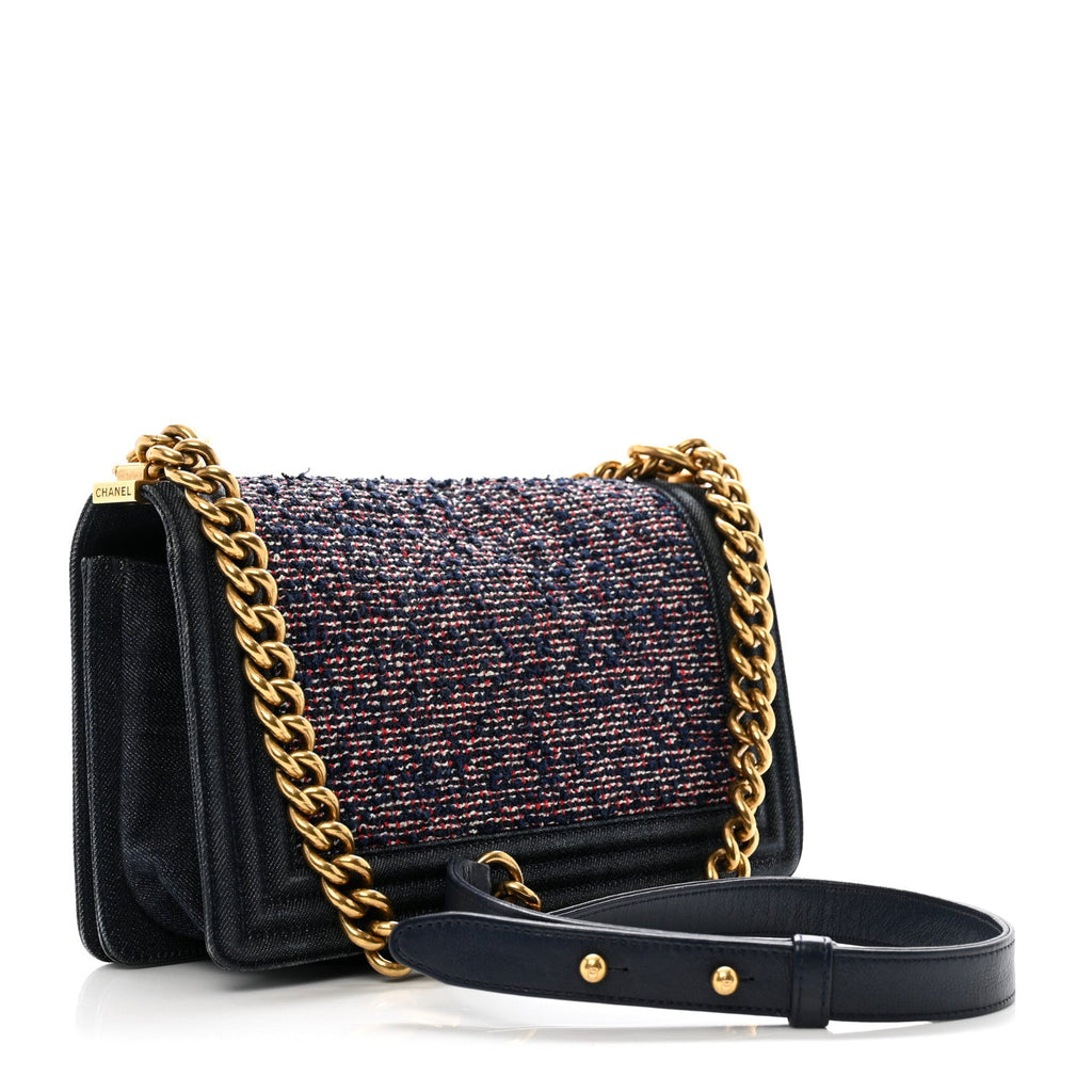 Tweed Denim Medium Boy Flap Navy Blue