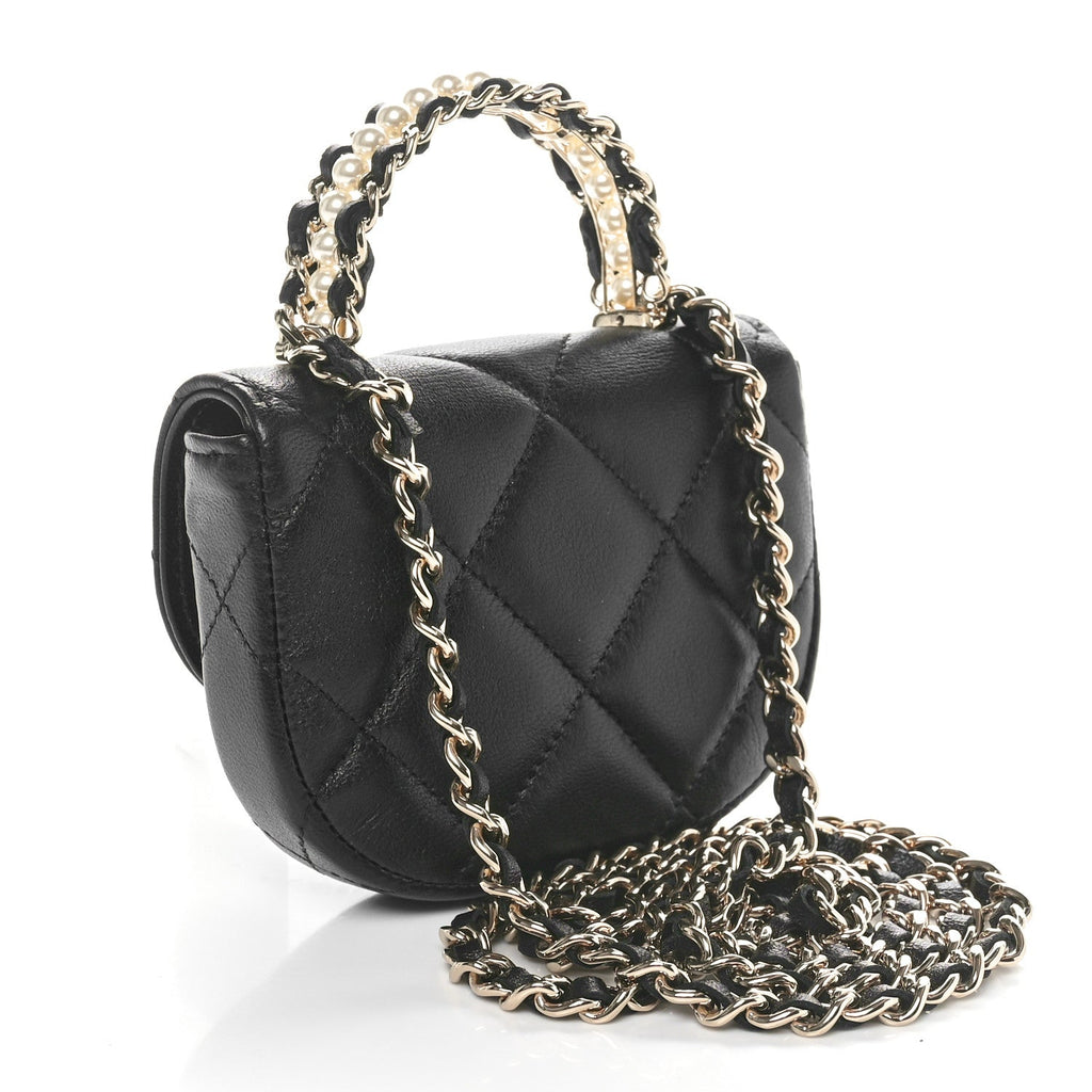 Lambskin Quilted Pearl Top Handle Clutch With Chain Black