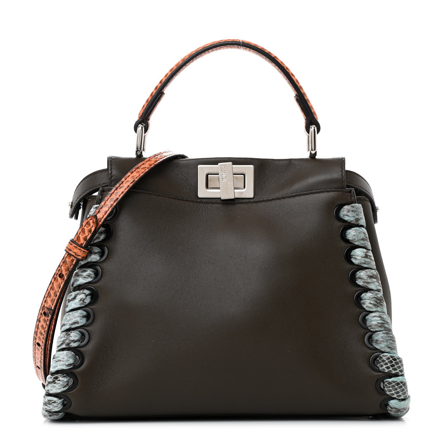 Calfskin Elaphe Lace Up Selleria Mini Peekaboo Iconic Satchel Verde Prato Arancio