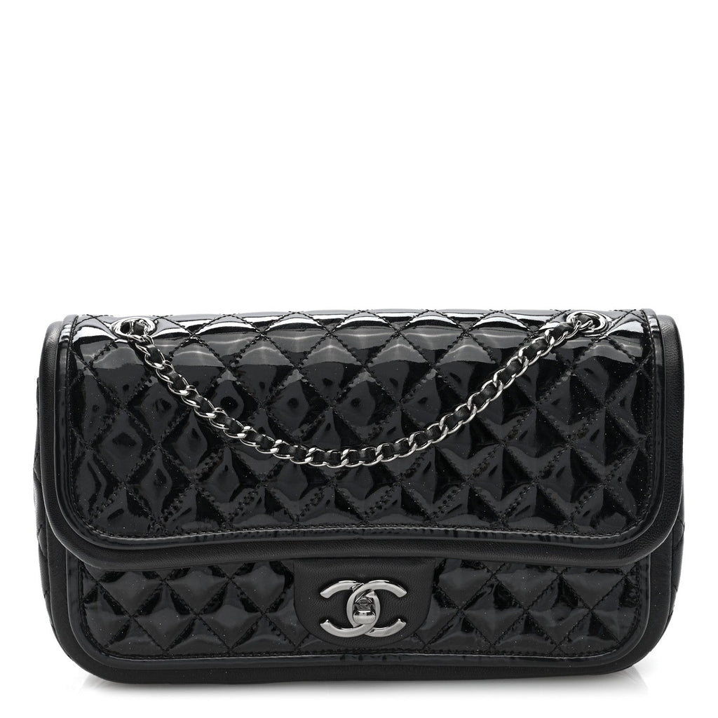 Patent Quilted Classic Twist Flap Bag Black