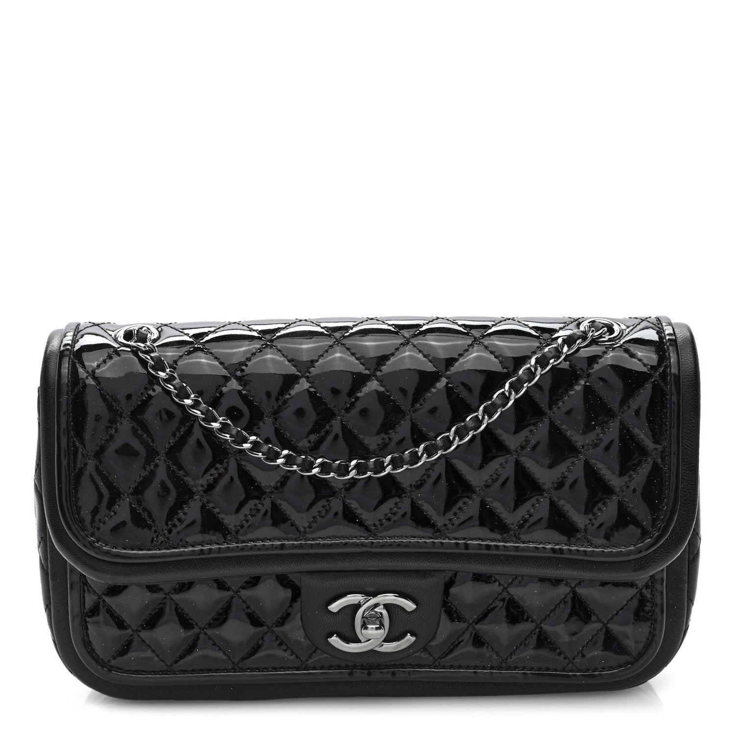 Patent Quilted Classic Twist Flap Bag Black