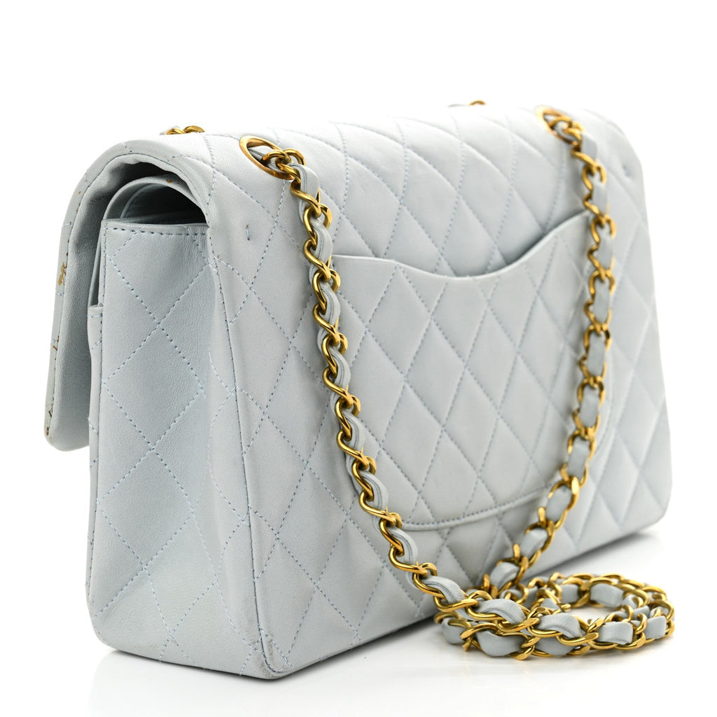 Lambskin Quilted Medium Double Flap Light Blue