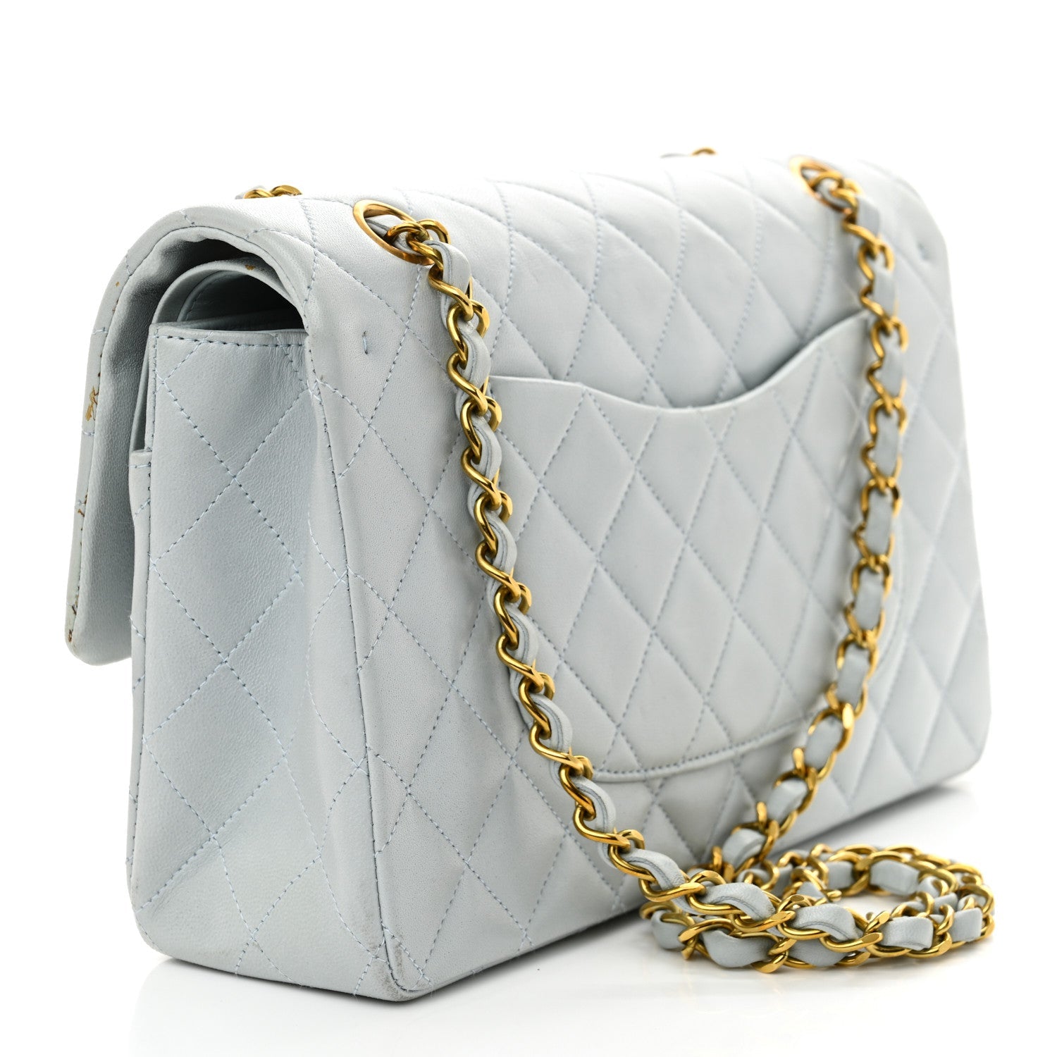 Lambskin Quilted Medium Double Flap Light Blue